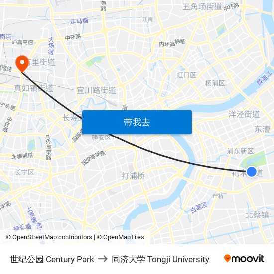 世纪公园 Century Park to 同济大学 Tongji University map