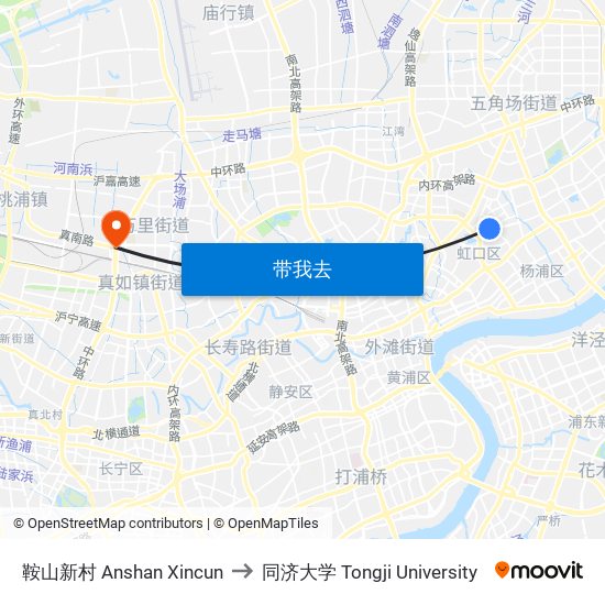 鞍山新村 Anshan Xincun to 同济大学 Tongji University map