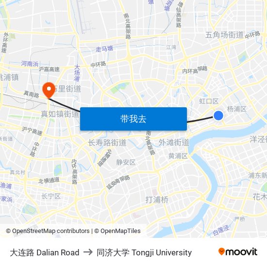 大连路 Dalian Road to 同济大学 Tongji University map