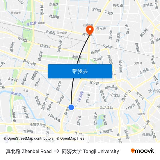 真北路 Zhenbei Road to 同济大学 Tongji University map