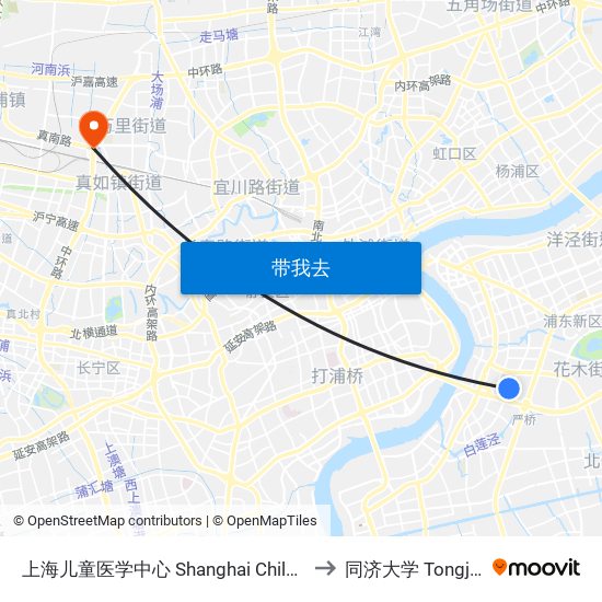 上海儿童医学中心 Shanghai Children's Medical Center to 同济大学 Tongji University map