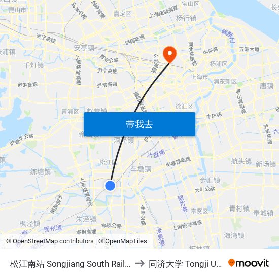 松江南站 Songjiang South Railway Station to 同济大学 Tongji University map