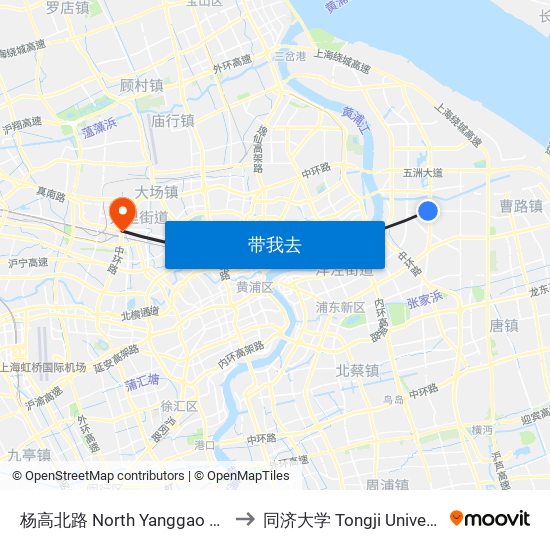 杨高北路 North Yanggao Road to 同济大学 Tongji University map