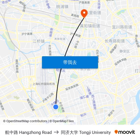 航中路 Hangzhong Road to 同济大学 Tongji University map