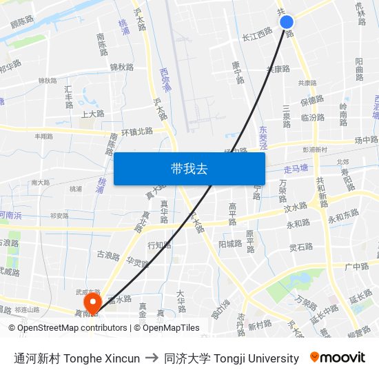 通河新村 Tonghe Xincun to 同济大学 Tongji University map