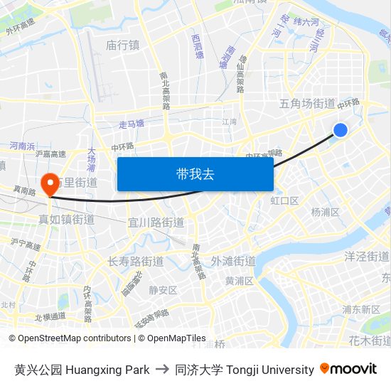 黄兴公园 Huangxing Park to 同济大学 Tongji University map