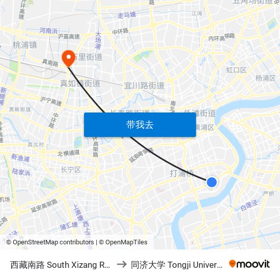 西藏南路 South Xizang Road to 同济大学 Tongji University map