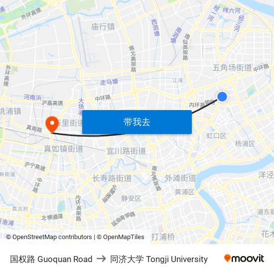国权路 Guoquan Road to 同济大学 Tongji University map