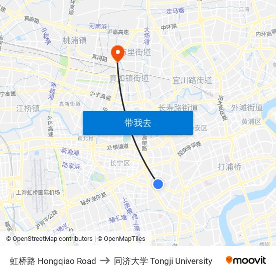 虹桥路 Hongqiao Road to 同济大学 Tongji University map