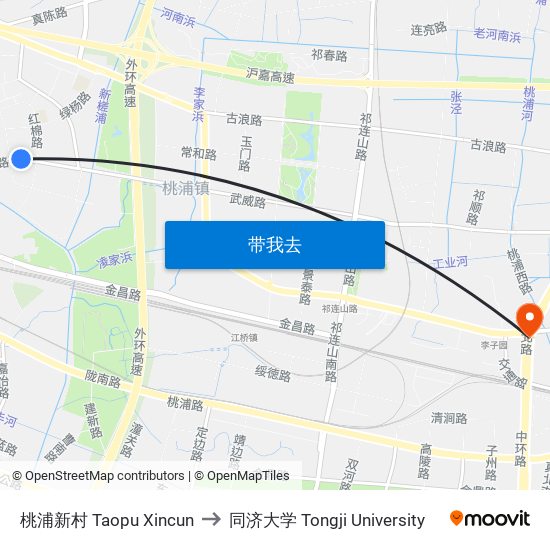 桃浦新村 Taopu Xincun to 同济大学 Tongji University map