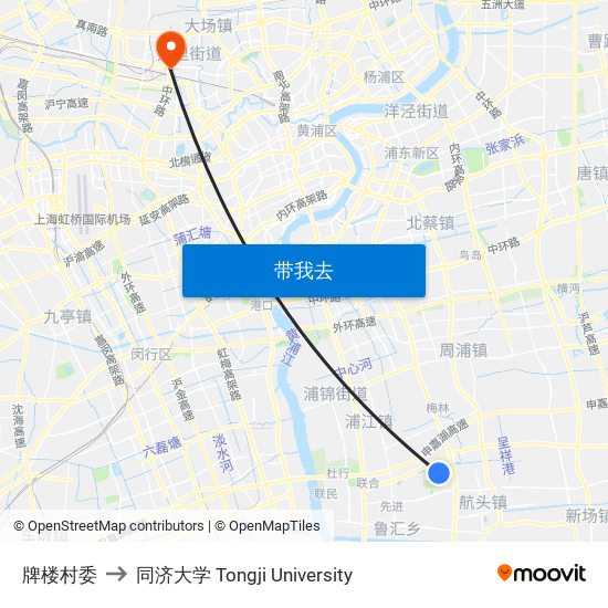牌楼村委 to 同济大学 Tongji University map