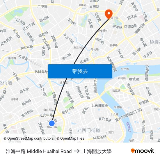淮海中路 Middle Huaihai Road to 上海開放大學 map