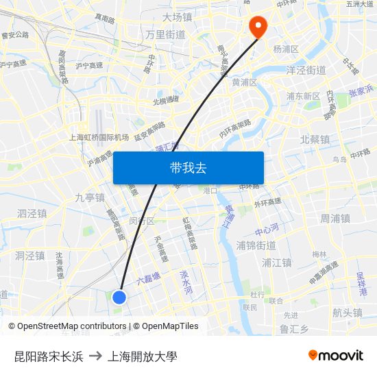 昆阳路宋长浜 to 上海開放大學 map