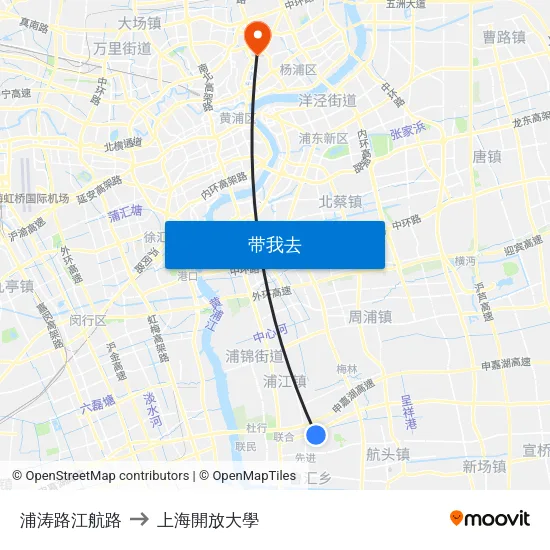 浦涛路江航路 to 上海開放大學 map