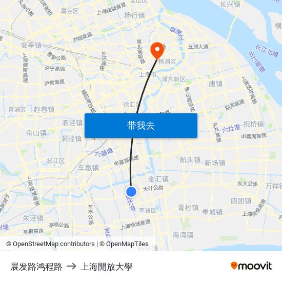 展发路鸿程路 to 上海開放大學 map