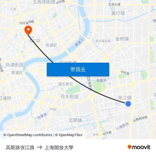 高斯路张江路 to 上海開放大學 map