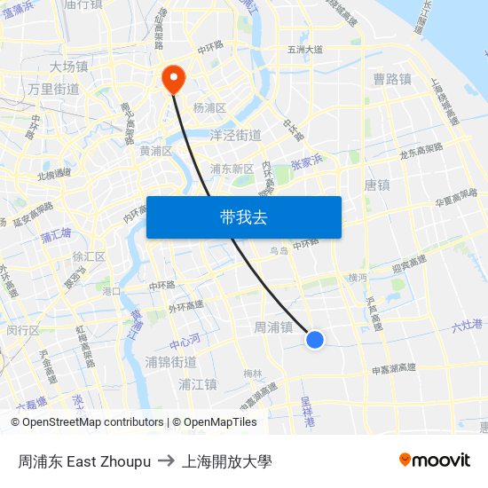 周浦东 East Zhoupu to 上海開放大學 map