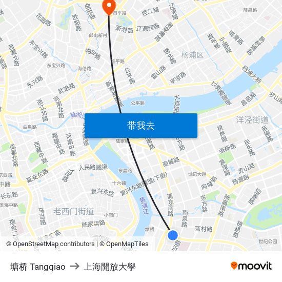 塘桥 Tangqiao to 上海開放大學 map