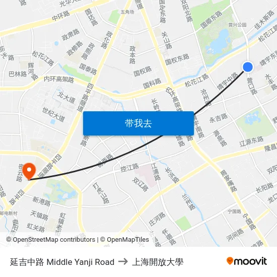 延吉中路 Middle Yanji Road to 上海開放大學 map