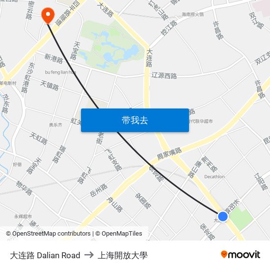 大连路 Dalian Road to 上海開放大學 map