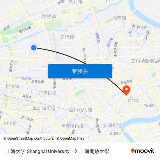 上海大学 Shanghai University to 上海開放大學 map