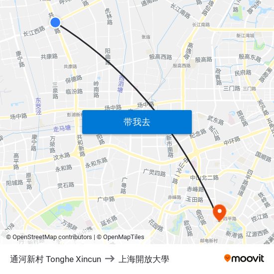 通河新村 Tonghe Xincun to 上海開放大學 map