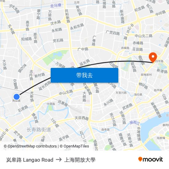 岚皋路 Langao Road to 上海開放大學 map