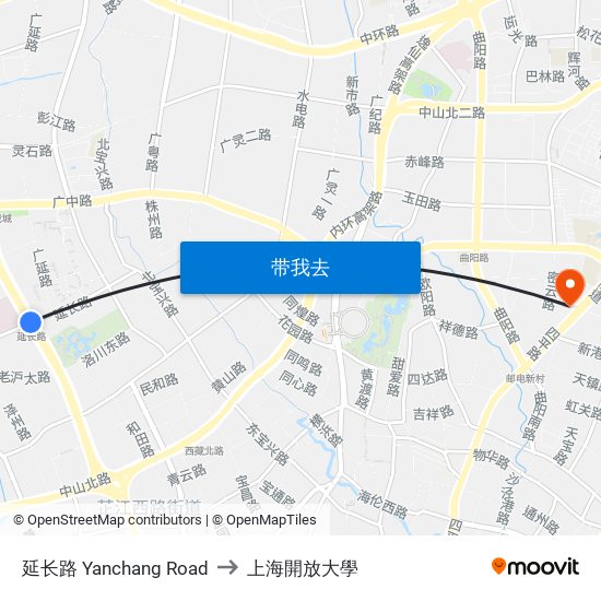 延长路 Yanchang Road to 上海開放大學 map