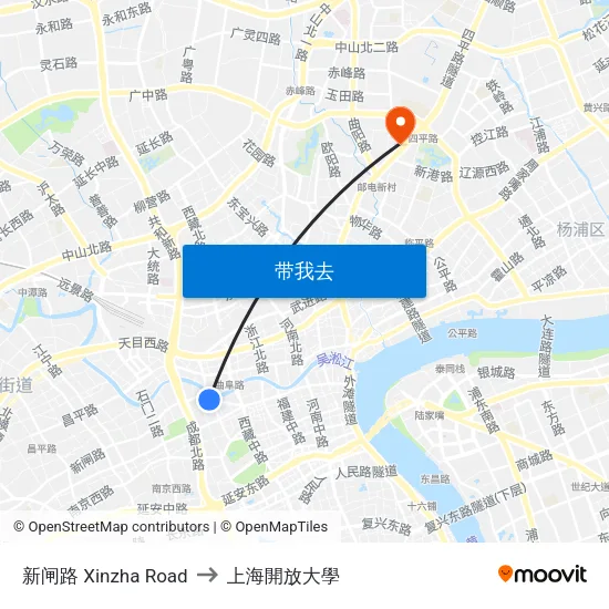 新闸路 Xinzha Road to 上海開放大學 map
