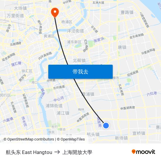 航头东 East Hangtou to 上海開放大學 map