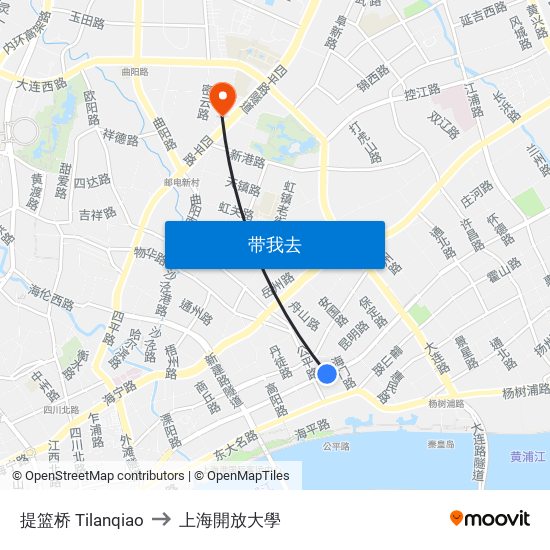 提篮桥 Tilanqiao to 上海開放大學 map