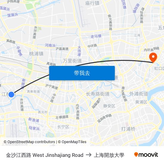 金沙江西路 West Jinshajiang Road to 上海開放大學 map