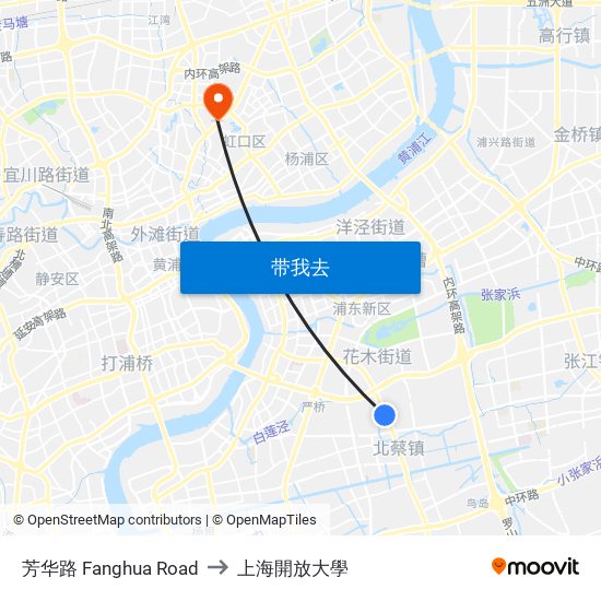 芳华路 Fanghua Road to 上海開放大學 map