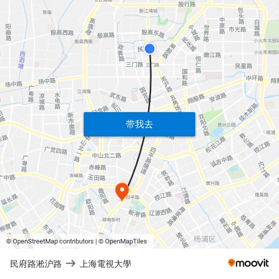 民府路淞沪路 to 上海電視大學 map