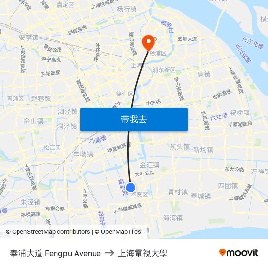 奉浦大道 Fengpu Avenue to 上海電視大學 map