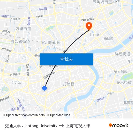 交通大学 Jiaotong University to 上海電視大學 map