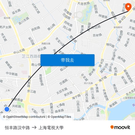 恒丰路汉中路 to 上海電視大學 map