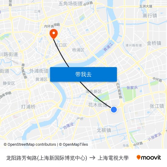 龙阳路芳甸路(上海新国际博览中心) to 上海電視大學 map