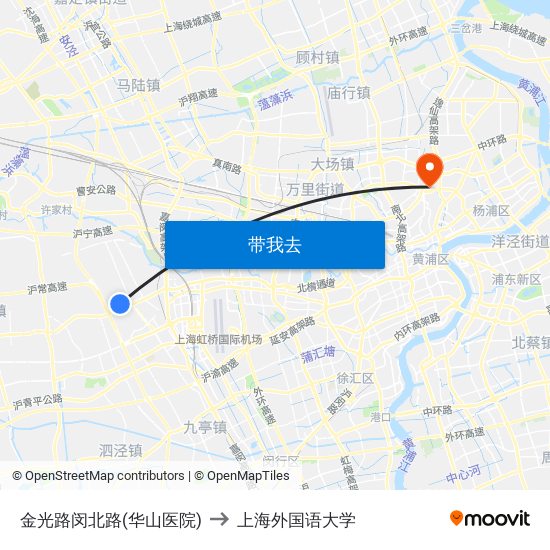 金光路闵北路(华山医院) to 上海外国语大学 map