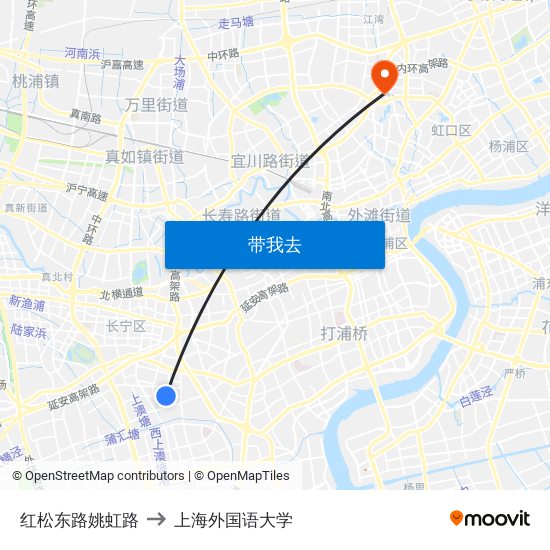 红松东路姚虹路 to 上海外国语大学 map