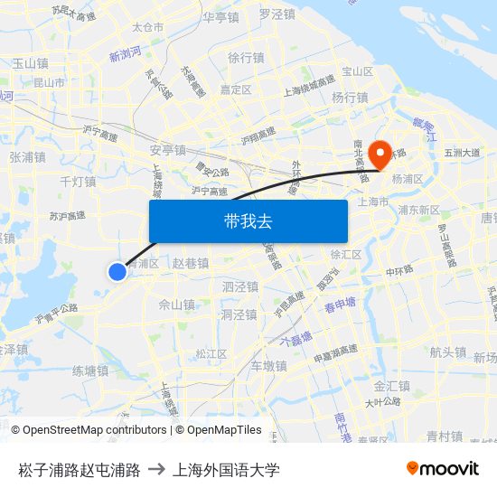 崧子浦路赵屯浦路 to 上海外国语大学 map