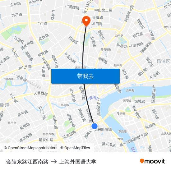 金陵东路江西南路 to 上海外国语大学 map