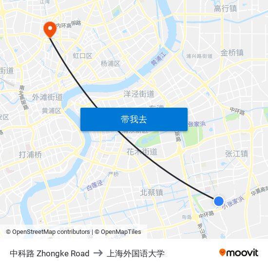 中科路 Zhongke Road to 上海外国语大学 map