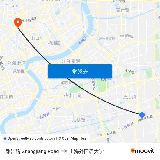 张江路 Zhangjiang Road to 上海外国语大学 map