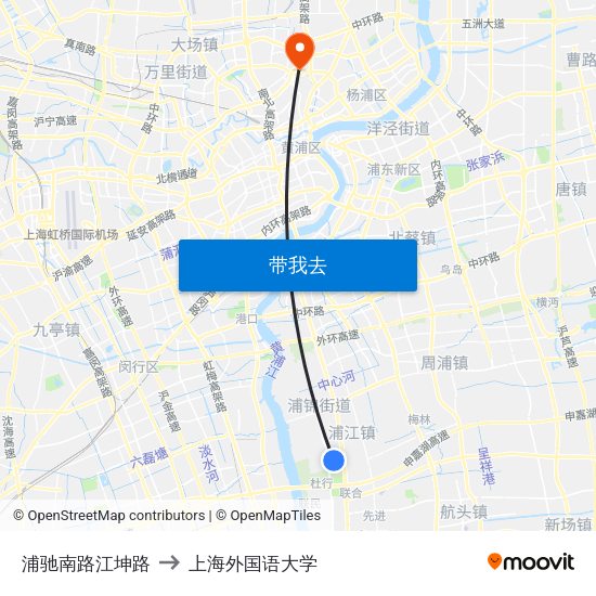 浦驰南路江坤路 to 上海外国语大学 map