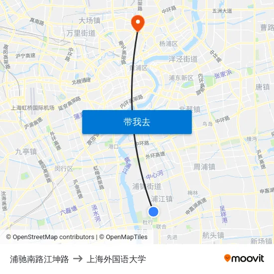 浦驰南路江坤路 to 上海外国语大学 map