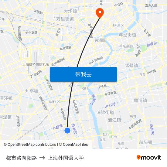 都市路向阳路 to 上海外国语大学 map