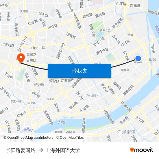 长阳路爱国路 to 上海外国语大学 map