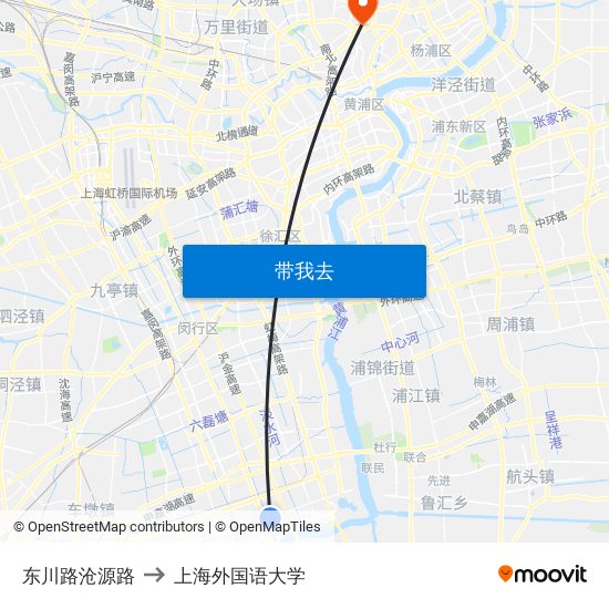 东川路沧源路 to 上海外国语大学 map