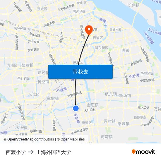 西渡小学 to 上海外国语大学 map